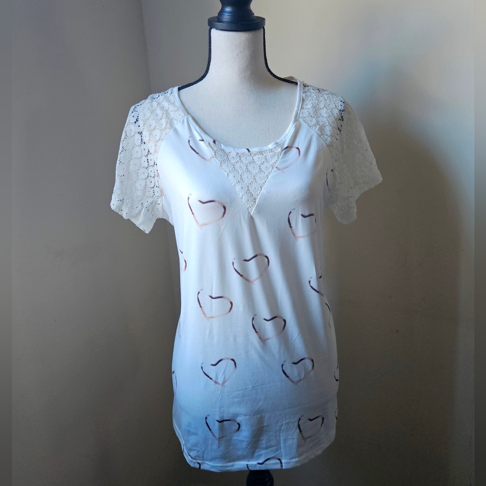 Heart Printed nwot Lace Short Sleeve Casual T-shirt size large white - Picture 2 of 9